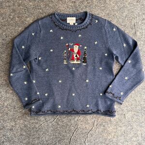 Christopher Banks Christmas‎ Sweater Women’s Small Hand Embroidered Santa Blue